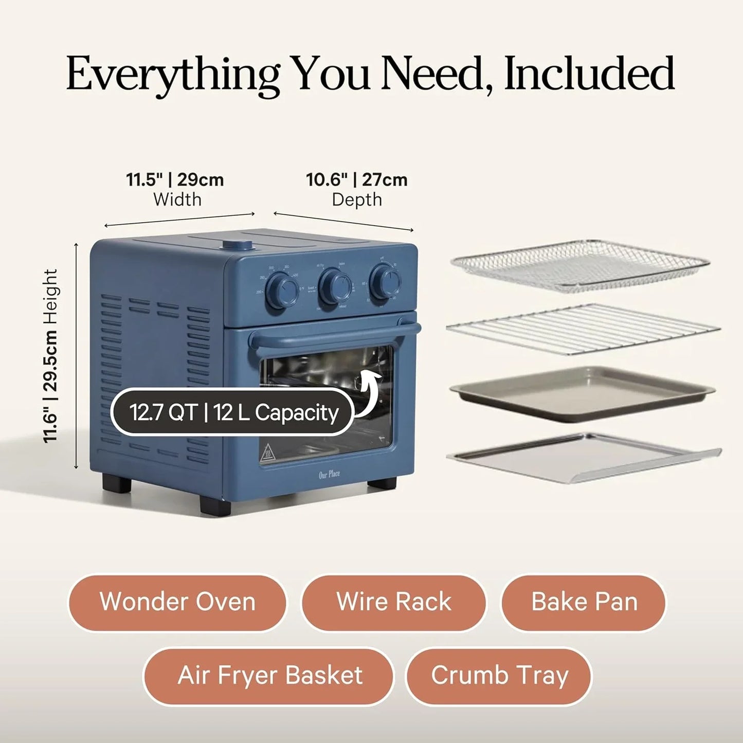 Wonder Oven | 6-In-1 Stainless Steel Air Fryer Toaster Oven Combo with Basket, Rack, Pan & Tray | Compact 13 QT Countertop Capacity - Toast, Roast, Bake, Reheat, Broil & Steam | Blue Salt