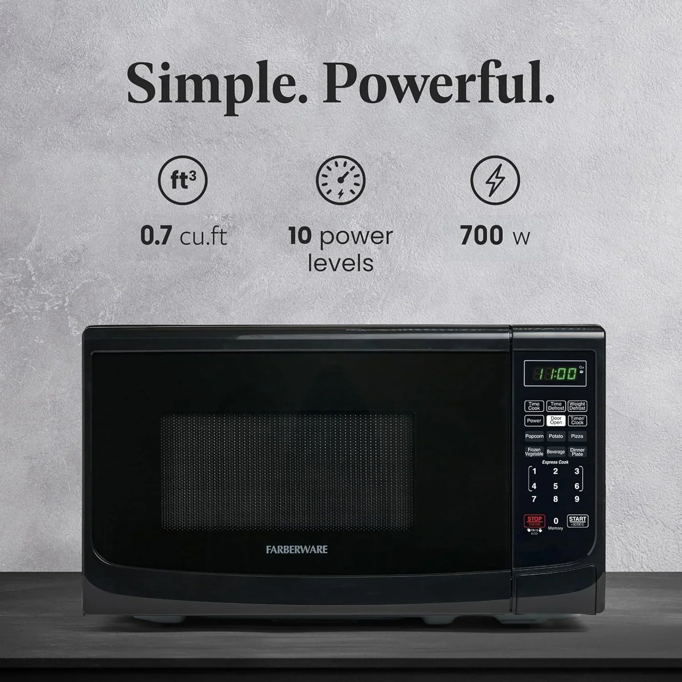 0.7 Cu. Ft. Countertop Microwave Oven – 700 Watts Power, Auto Cook Settings, Defrost, Easy Clean and Child Safety Lock - Black