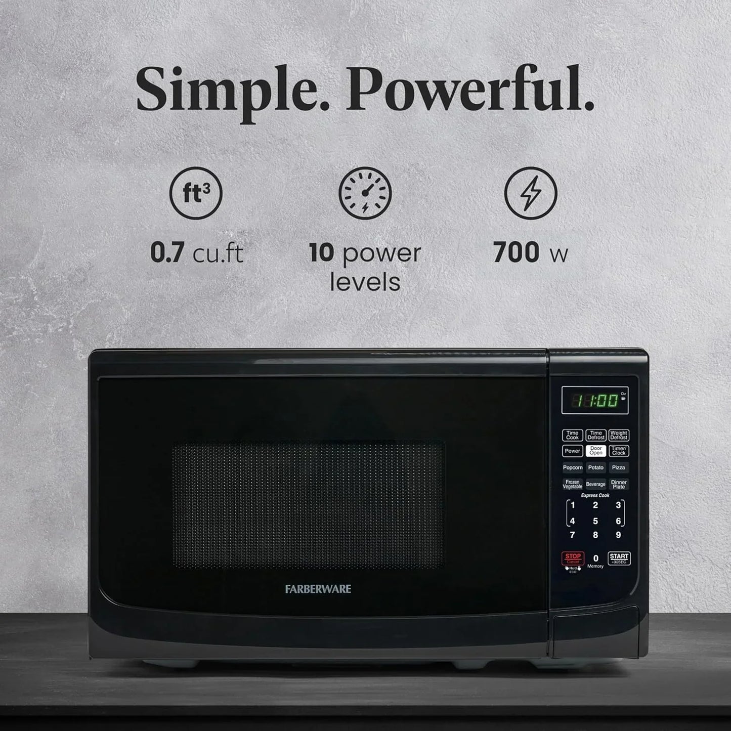 0.7 Cu. Ft. Countertop Microwave Oven – 700 Watts Power, Auto Cook Settings, Defrost, Easy Clean and Child Safety Lock - Black