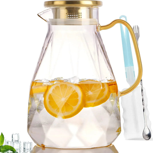 Glass Pitcher, 2.2 Liter Water Pitcher with Lid,Iced Tea Pitcher for Fridge,Carafe with Lid, Glass Water Jug for Juice, Milk, Cold or Hot Beverages, 2 Quart