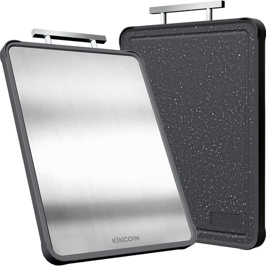 Double Sided Stainless Steel Cutting Boards for Kitchen, Stainless Steel and Wheat Straw PP Large Chopping Board, Black