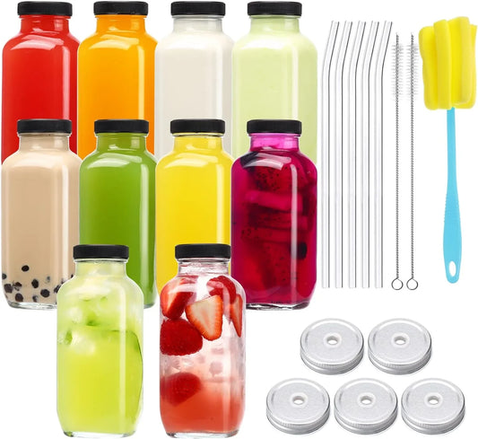 10Pcs 16Oz Glass Juice Bottles with Lids, Reusable Juice Containers Drinking Jars Water Cups with Brush, Glass Straws, Lids with Hole | 10Pcs, with Lids, Reusable, Juice Containers, Drinking Jars, Water Cups