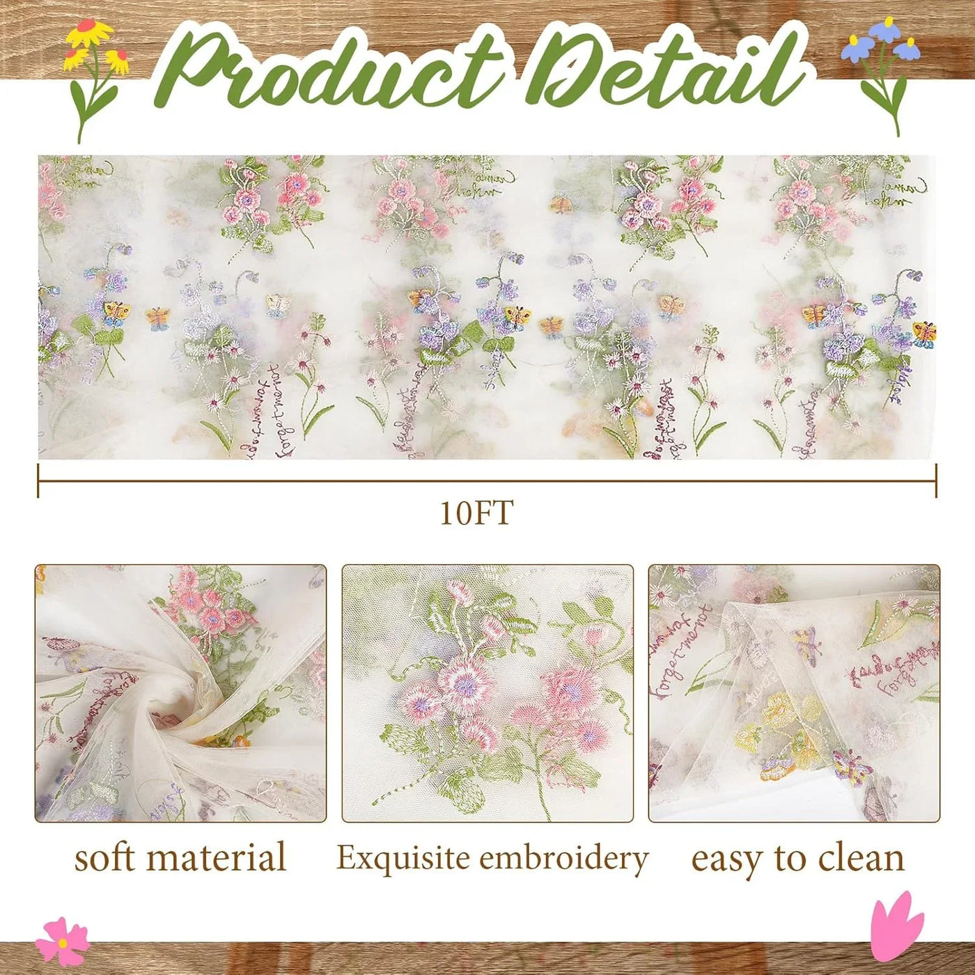 Ivory White Floral Table Runner 10Ft Embroidery Tulle Spring Wildflower Table Runner Seasonal Summer Butterfly Kitchen Dining Gauze Decoration for Wedding Baby Shower Birthday Party (1 Pcs)