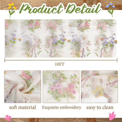 Ivory White Floral Table Runner 10Ft Embroidery Tulle Spring Wildflower Table Runner Seasonal Summer Butterfly Kitchen Dining Gauze Decoration for Wedding Baby Shower Birthday Party (1 Pcs)