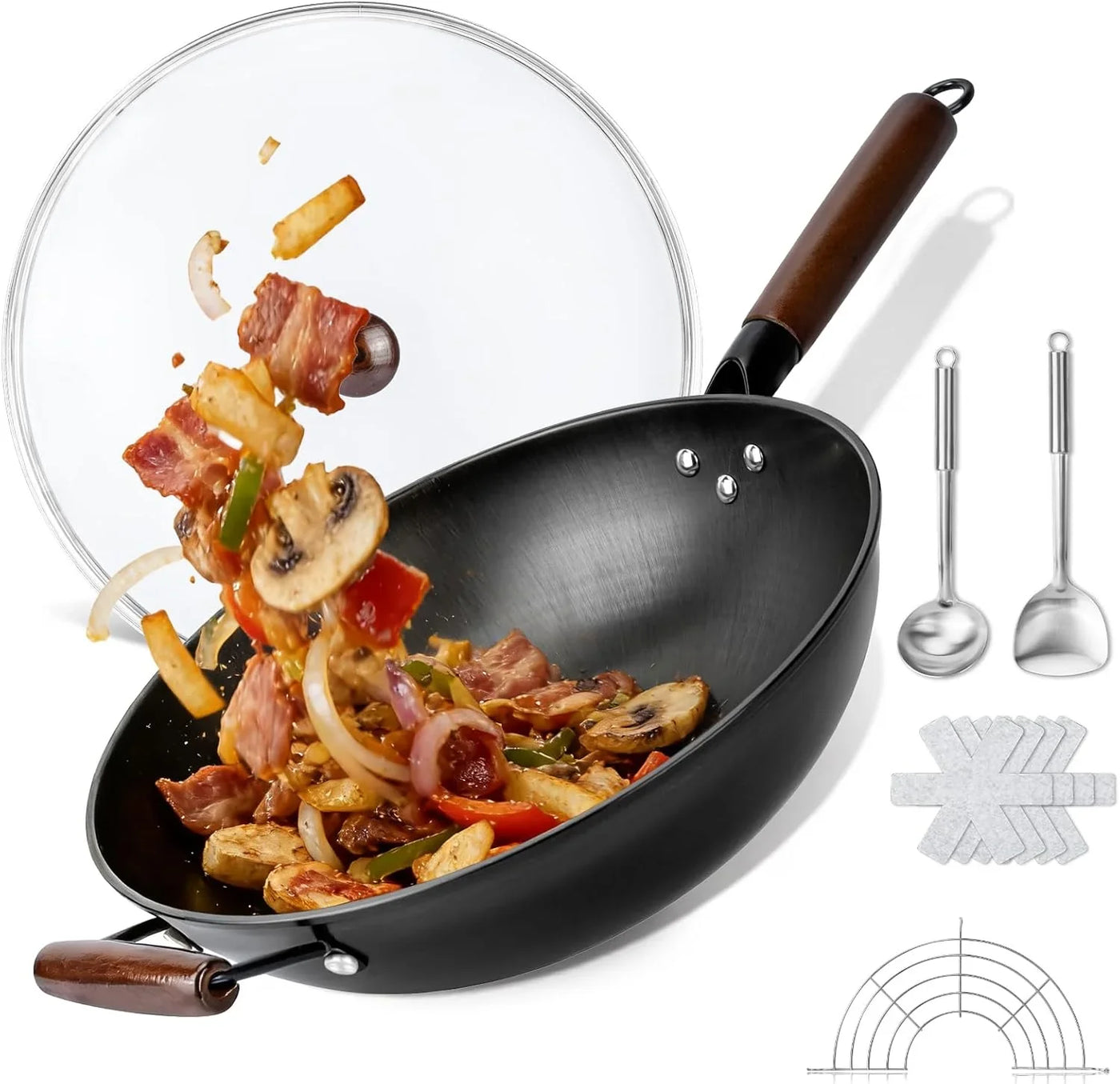 Carbon Steel Wok - 12.99" Woks & Stir-Fry Pans Nonstick, Wok with Lid, Fast Heat Conduction, Uniform Heat Conduction Flat Bottom Woks, Professional Chef Cookware