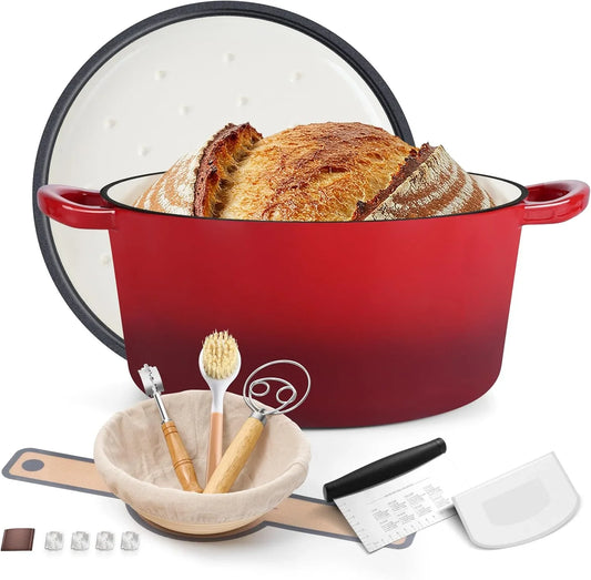 Enameled Dutch Oven Pot for Bread Baking, 6QT Enameled Cast Iron Cookware with Self-Basting Lid & Sourdough Bread Baking Supplies, Heavy Duty Casserole Pot & Dual Handles-Red