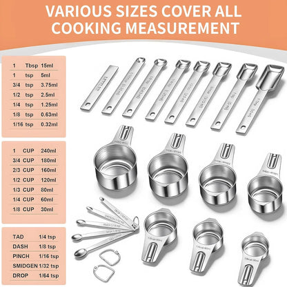 Measuring Cups and Spoons Set, 7 Stainless Steel Nesting Measuring Cups & 7 Spoons, 5 Mini Measuring Spoons &1 Leveler, Kitchen Gadgets for Cooking & Baking, Square