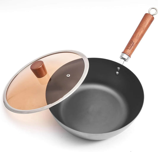Carbon Steel Wok Flat Bottom Wok Pan 10.2 Inch with Glass Lid, Spun Iron Stir Fry Wok, Coating-Free Iron Wok Skillet Naturally Seasoning, 6.2" Base for Stable Cooking
