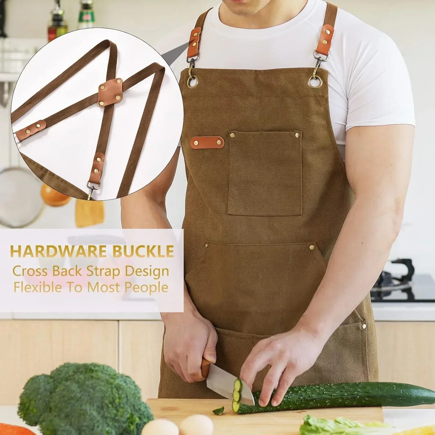 Brown canvas apron with cross-back straps, cutting cucumber in kitchen