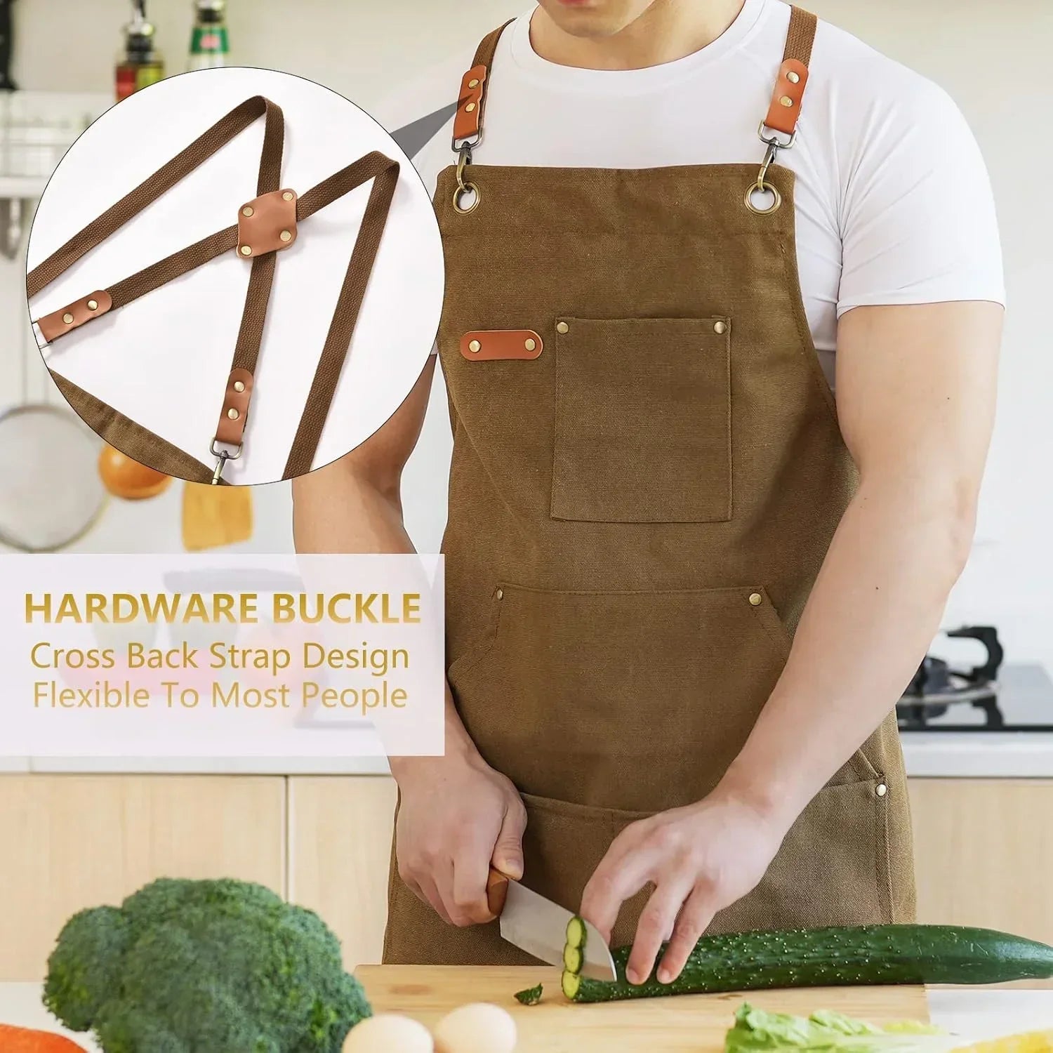 Brown canvas apron with cross-back straps, cutting cucumber in kitchen