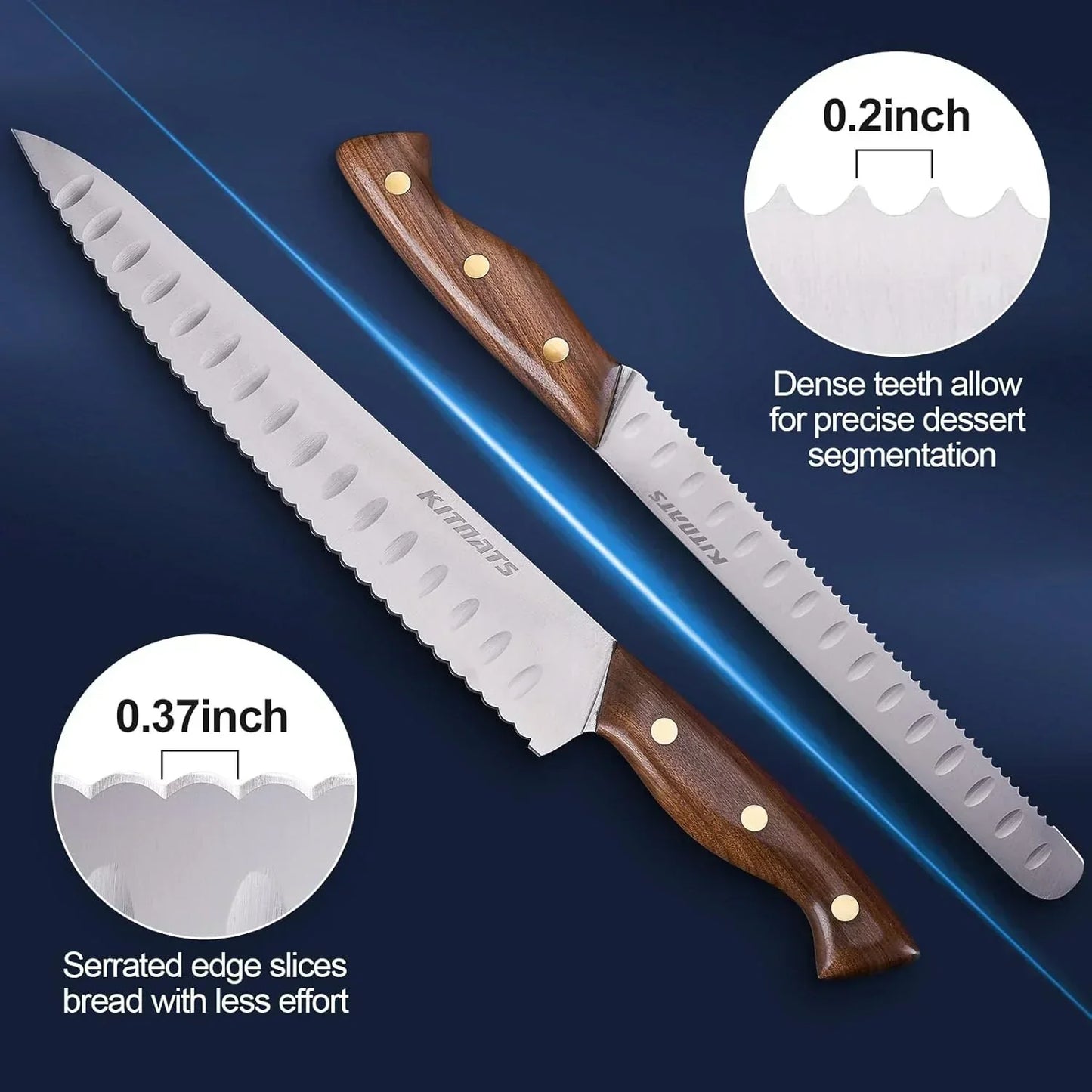 Serrated bread knife with wooden handle, precise 0.37in edge for easy slicing, dense 0.2in teeth for desserts