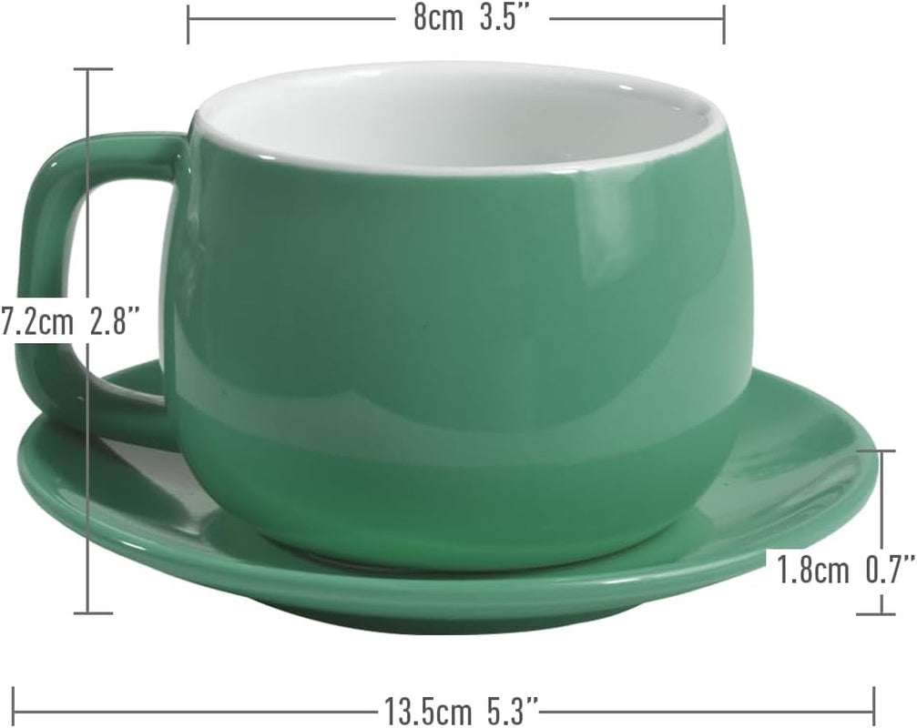 Porcelain Coffee Cup with Saucer 270Ml/9Oz, Minimalist Design, Perfect for Latte, Cappuccino, and Tea, Cyan