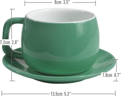 Porcelain Coffee Cup with Saucer 270Ml/9Oz, Minimalist Design, Perfect for Latte, Cappuccino, and Tea, Cyan