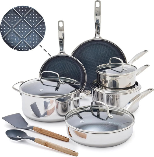 Hybrid Nonstick Stainless Steel 12 Piece Cookware Set, Tri-Ply Pfas-Free Ceramic Diamond Bond Pots & Pans, Dishwasher & Oven Safe to 850F, Induction Ready, Metal Utensil Safe, Silver