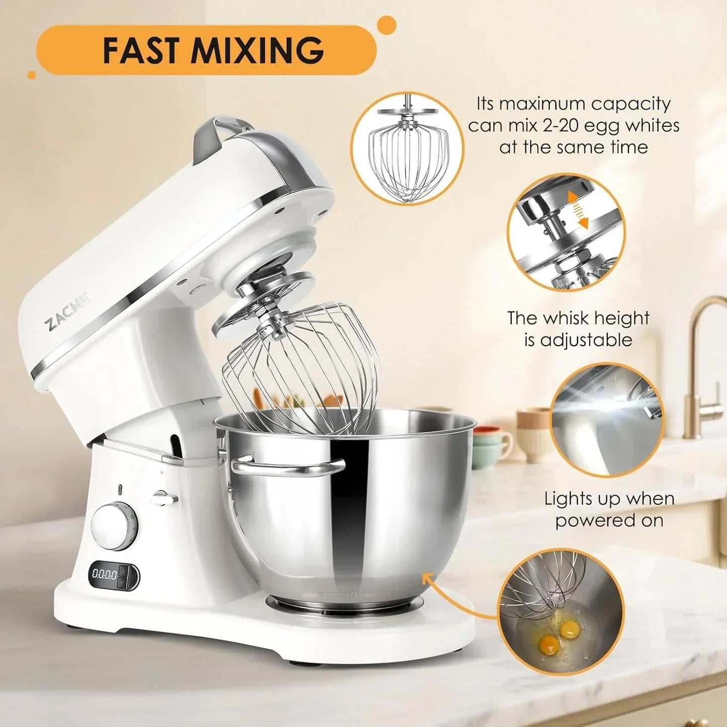 White stand mixer with stainless steel bowl, adjustable whisk, and LED light for fast mixing in kitchen