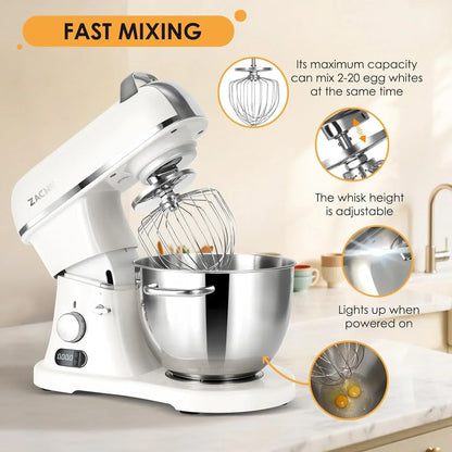 White stand mixer with stainless steel bowl, adjustable whisk, and LED light for fast mixing in kitchen