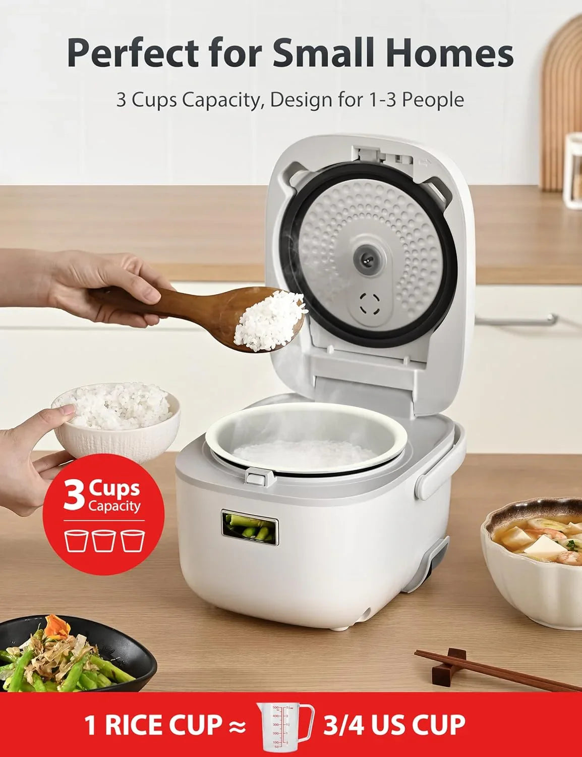 Mini Rice Cooker, 3 Cups Uncooked Small Rice Cooker, Steamer & Warmer, with Fuzzy Logic and One-Touch Cooking, 24 Hour Delay Timer and Auto Keep Warm Feature, White
