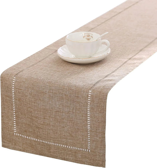 Decorative Linen Table Runner Farmhouse Style Tabletop Collection 14 X 108 Inches Table Runners for Everyday Dining Wedding Party Holiday Home Decor (14" X 108", Light Coffee/Straight)