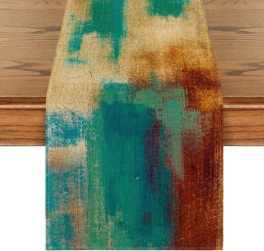 Brown Blue Abstract Modern Art Table Runner, Seasonal Farmhouse Style Kitchen Dining Table Decoration for Home Party Decor 13X72 Inch