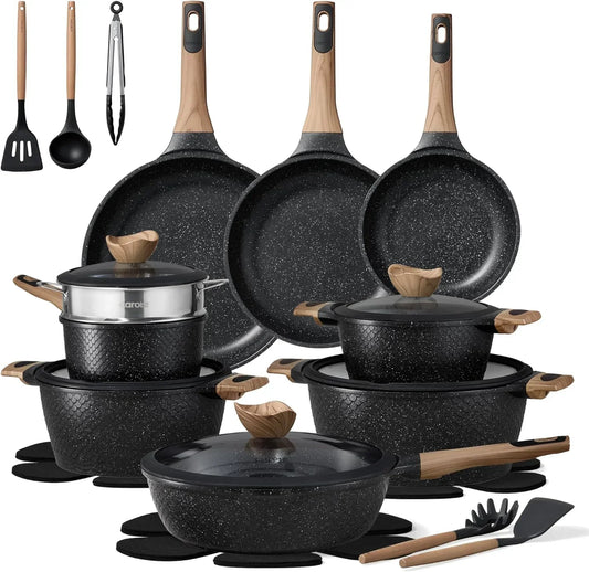 Black speckled cookware set with wooden handles and kitchen tools for everyday cooking
