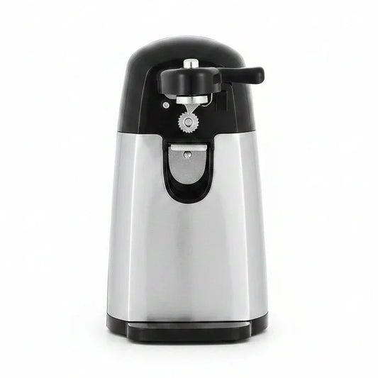 Stainless steel electric can opener with black handle for kitchen use