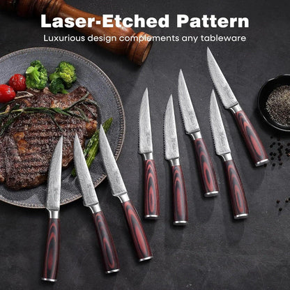 Laser-etched pattern steak knives with wood handles, served with grilled steak and veggies on dark plate
