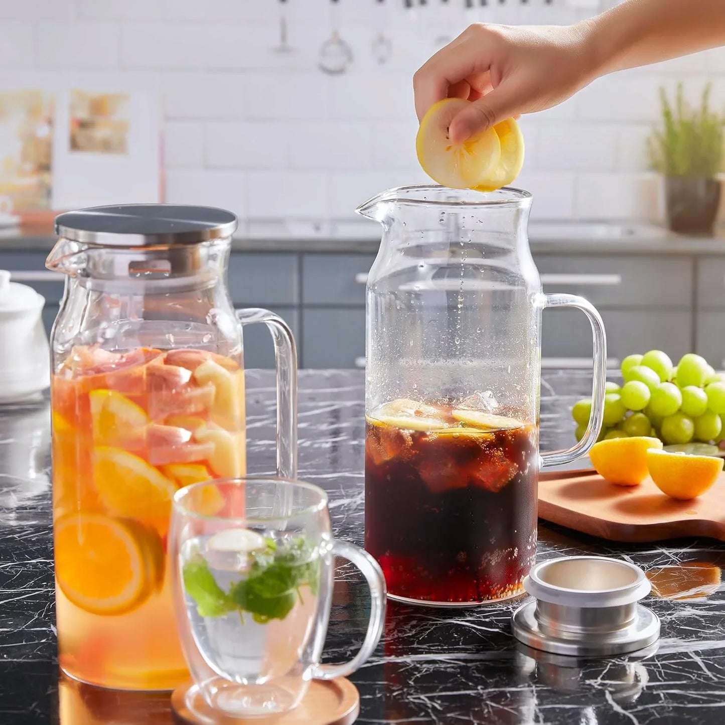 2 Liter 68 Oz Glass Pitcher with Lid and Handle, Glass Carafe for Hot/Cold Water, Large Iced Tea Pitcher for Coffee, Juice and Homemade Beverage