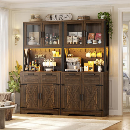 71" Tall Kitchen Pantry Storage Cabinet with LED Light & Outlet, 63" Wide Kitchen Hutch Cabinet with Large Countertop, DIY Pegboard and Drawers, Food Pantry for Living Room,Weathered Brown