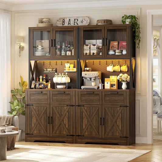 Rustic wooden bar cabinet with glass doors, pegboard storage, and barn door accents for kitchen organization