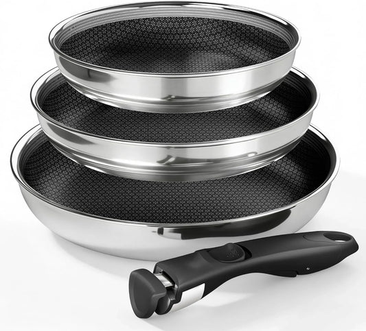 3-Ply Stainless Steel Frying Pans Set, 8/9.5/11 Inch 18/10 Nonstick Skillets with Removable Handle for Small Spaces, Dishwasher & Oven Safe Induction RV Camping Pans