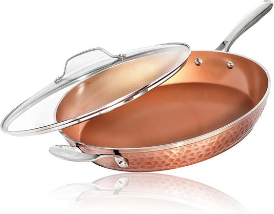 Hammered Copper 14 Inch Non Stick Frying Pan with Lid, Nonstick Frying Pan with Ceramic Coating and Induction Plate for Even Heating, Oven / Dishwasher Safe, 100% Healthy & Non Toxic