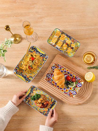 6-Piece Ceramic Salad Plates Set - 8 Inch, Rectangular Dessert Plates for Sushi, Appetizer, Cake - Microwave & Oven Safe, Porcelain Plates for Kitchen Decor