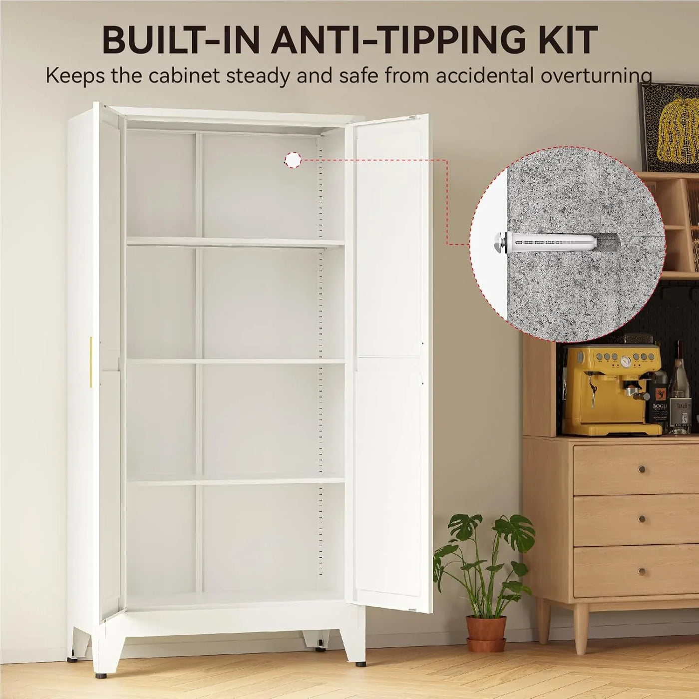 61" Metal Pantry Cabinet with Adjustable Shelves, White Storage Cabinet with Doors and Shelves, Sturdy Freestanding Cupboard for Kitchen Pantry, Bathroom Storage, Living Room & Office