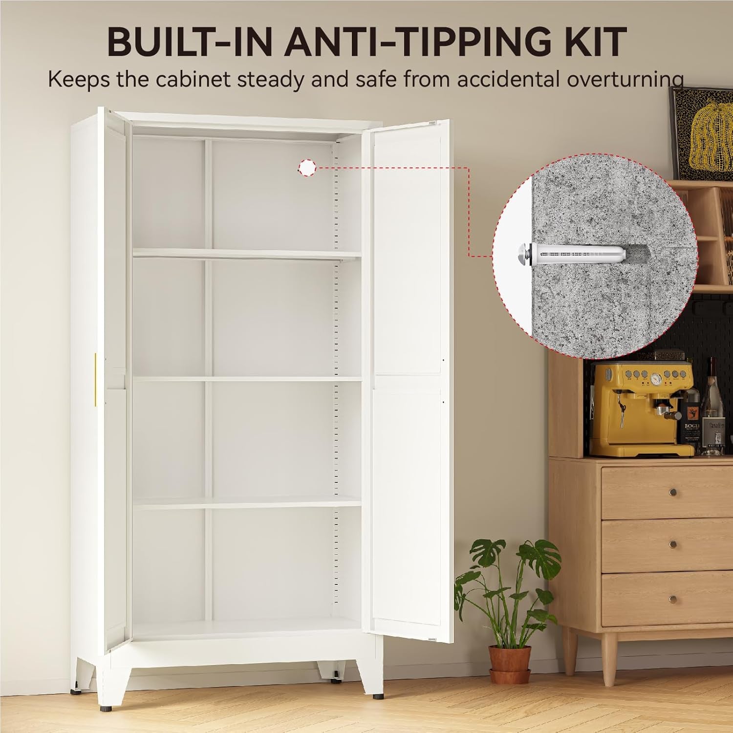 61" Metal Pantry Cabinet with Adjustable Shelves, White Storage Cabinet with Doors and Shelves, Sturdy Freestanding Cupboard for Kitchen Pantry, Bathroom Storage, Living Room & Office