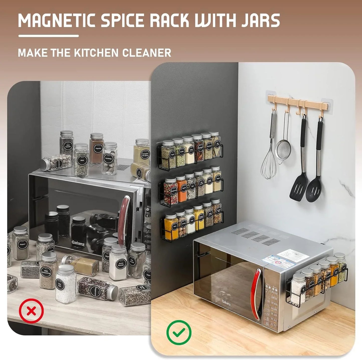 Magnetic Spice Rack, 4 Pack, 24 Square Glass Jars with Lids, Quick-Find Pre-Printed Labels, Funnel, Space Saver, Refrigerator and Microwave Oven Organizer