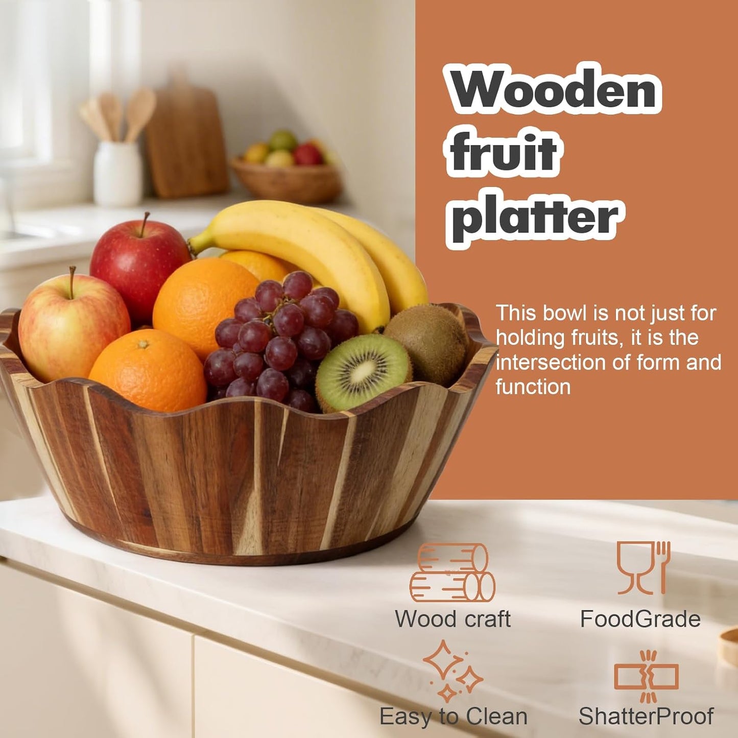 Wooden Fruit Bowl Large Serving Bowl for Kitchen Counter Ideal for Fruit Salad Mixing Snacks Desserts and Bread