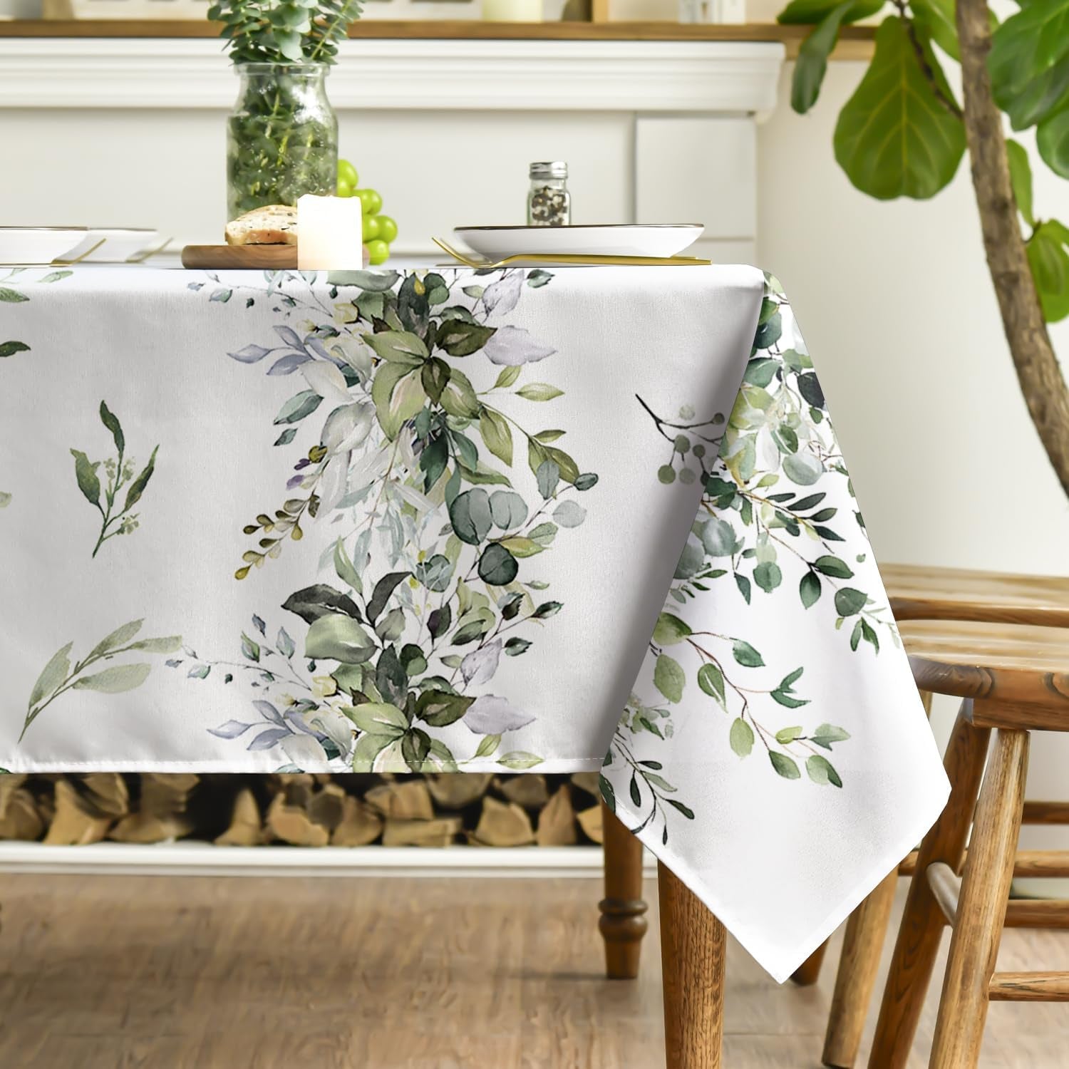Spring Tablecloth 60×84 Inch Rectangular, Green Eucalyptus Washable Seasonal Table Cover for Party Picnic Dinner Decor