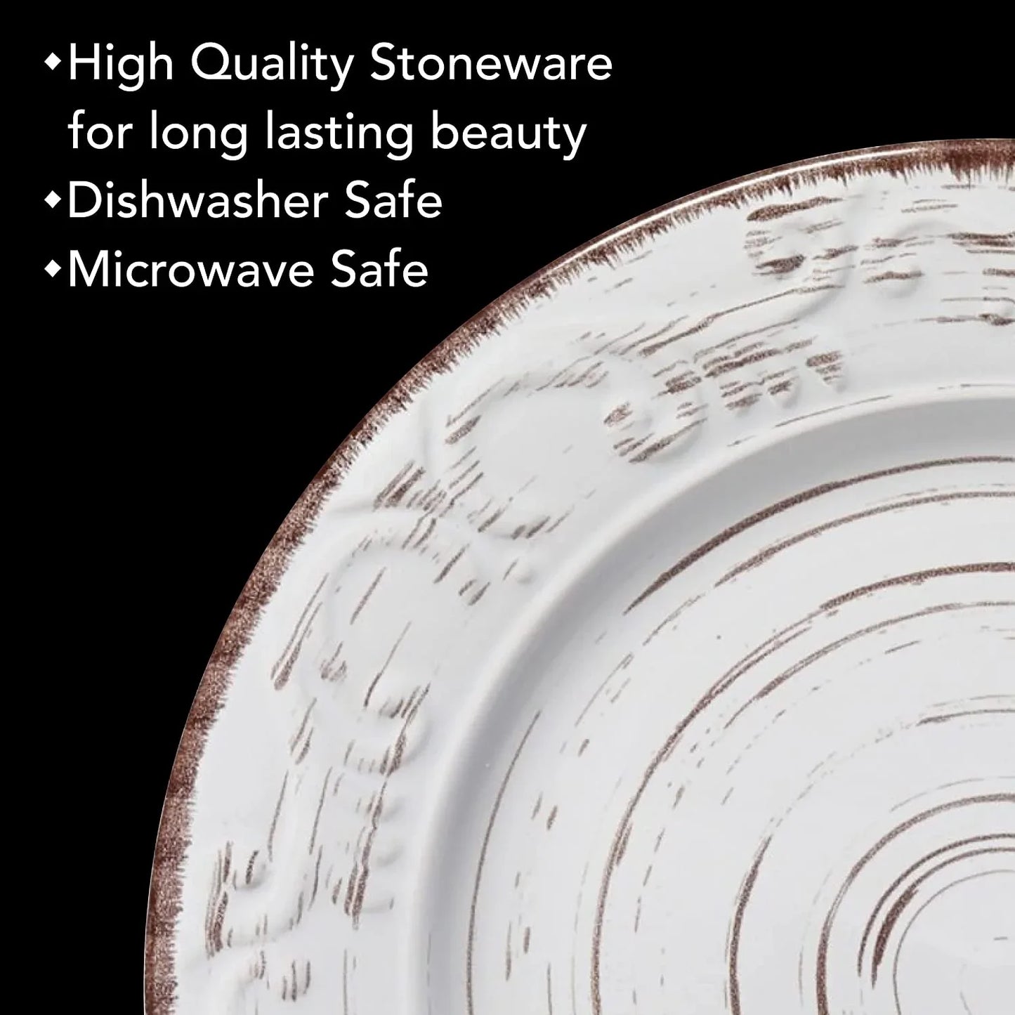 Trellis White 16-Piece Stoneware Dinnerware Set, Service for 4, Distressed White Finish, Microwave & Dishwasher Safe Plates and Bowls