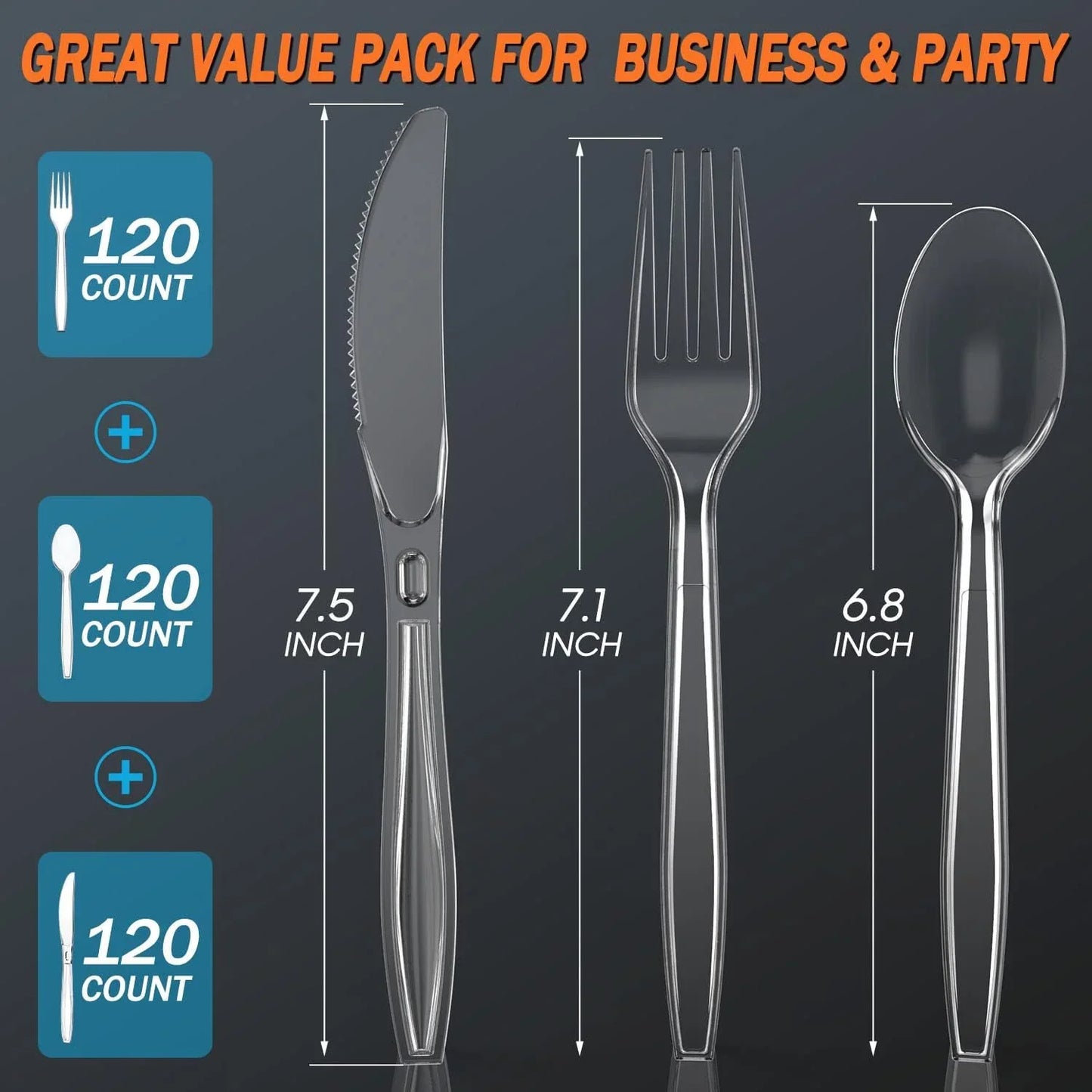 Clear plastic cutlery set: 120 forks, spoons, knives for parties & business events, durable disposable utensils