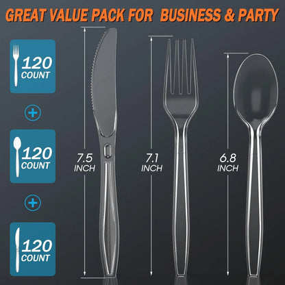 Clear plastic cutlery set: 120 forks, spoons, knives for parties & business events, durable disposable utensils