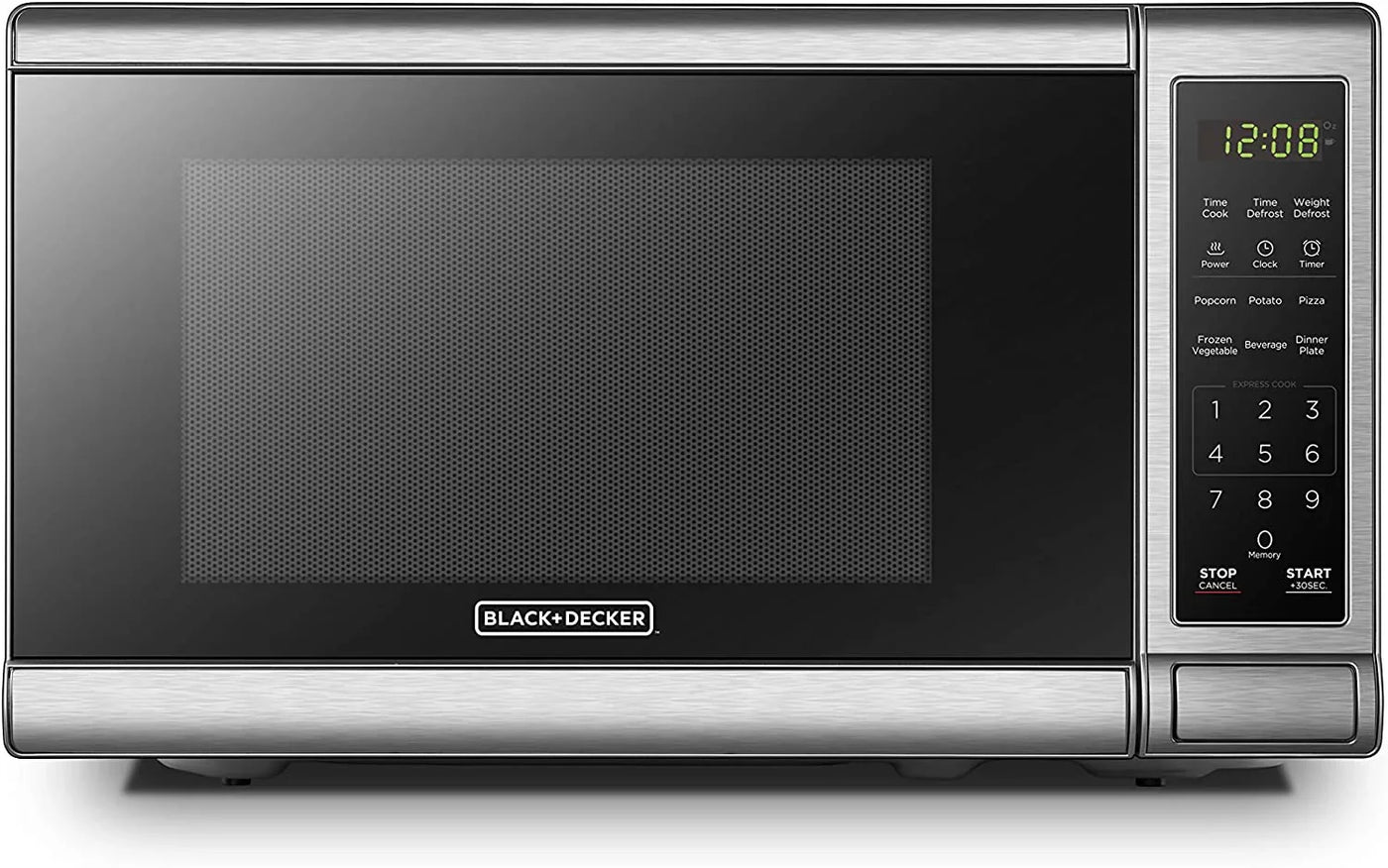 EM720CB7 Digital Microwave Oven with Turntable Push-Button Door, Child Safety Lock, 700W, Stainless Steel, 0.7 Cu.Ft