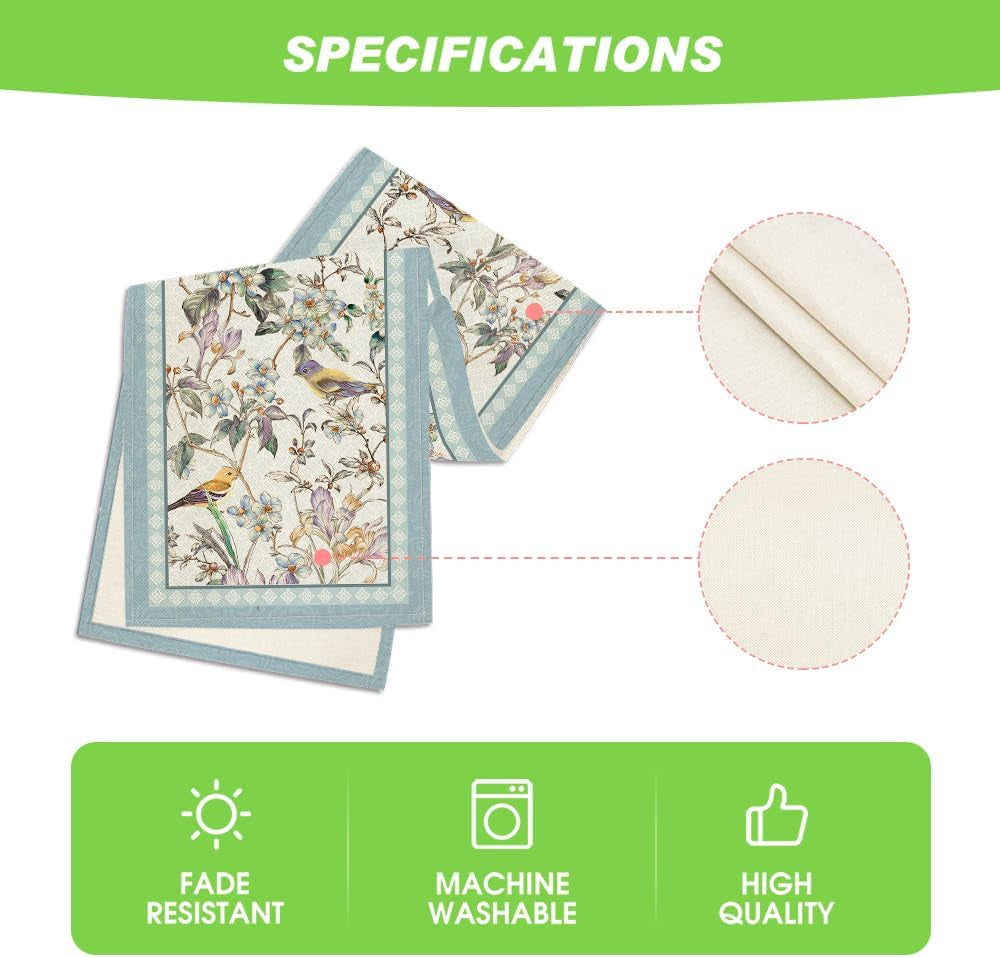 Blue Birds Flowers Blossom Table Runner, Seasonal Spring Floral Kitchen Dining Table Decoration for Home Party Decor 13X72 Inch