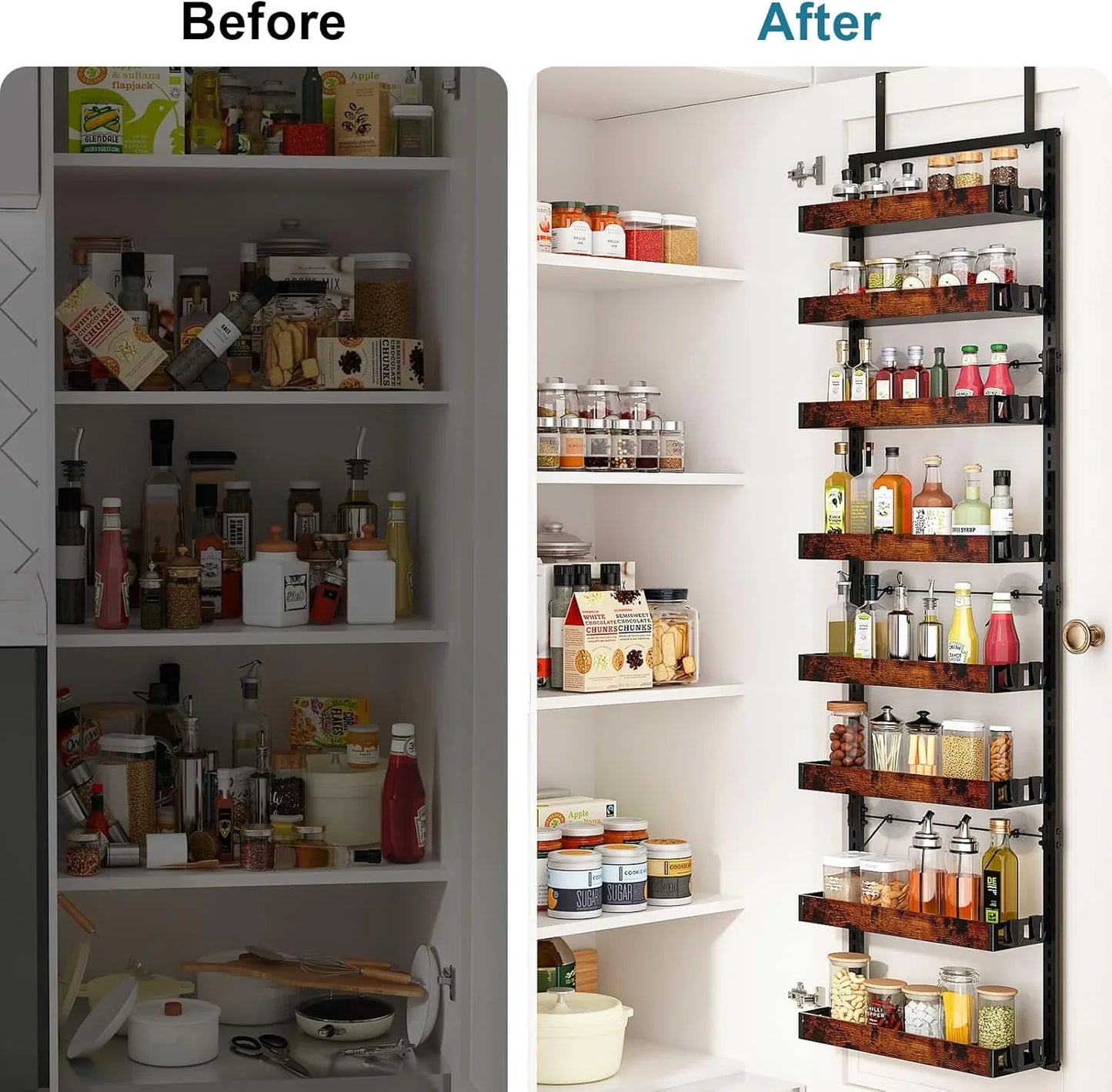 over the Door Pantry Organizer, 8-Tier Adjustable Wooden Basket Kitchen Pantry Door Organization and Storage, 2 in 1 Wall Mount or Hanging Heavy-Duty Metal Hanging Kitchen Spice Rack, 1 Pack