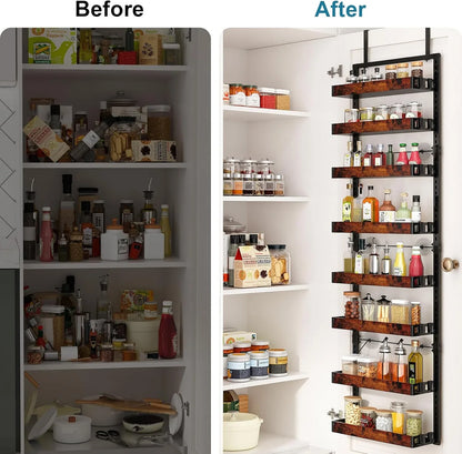 over the Door Pantry Organizer, 8-Tier Adjustable Wooden Basket Kitchen Pantry Door Organization and Storage, 2 in 1 Wall Mount or Hanging Heavy-Duty Metal Hanging Kitchen Spice Rack, 1 Pack