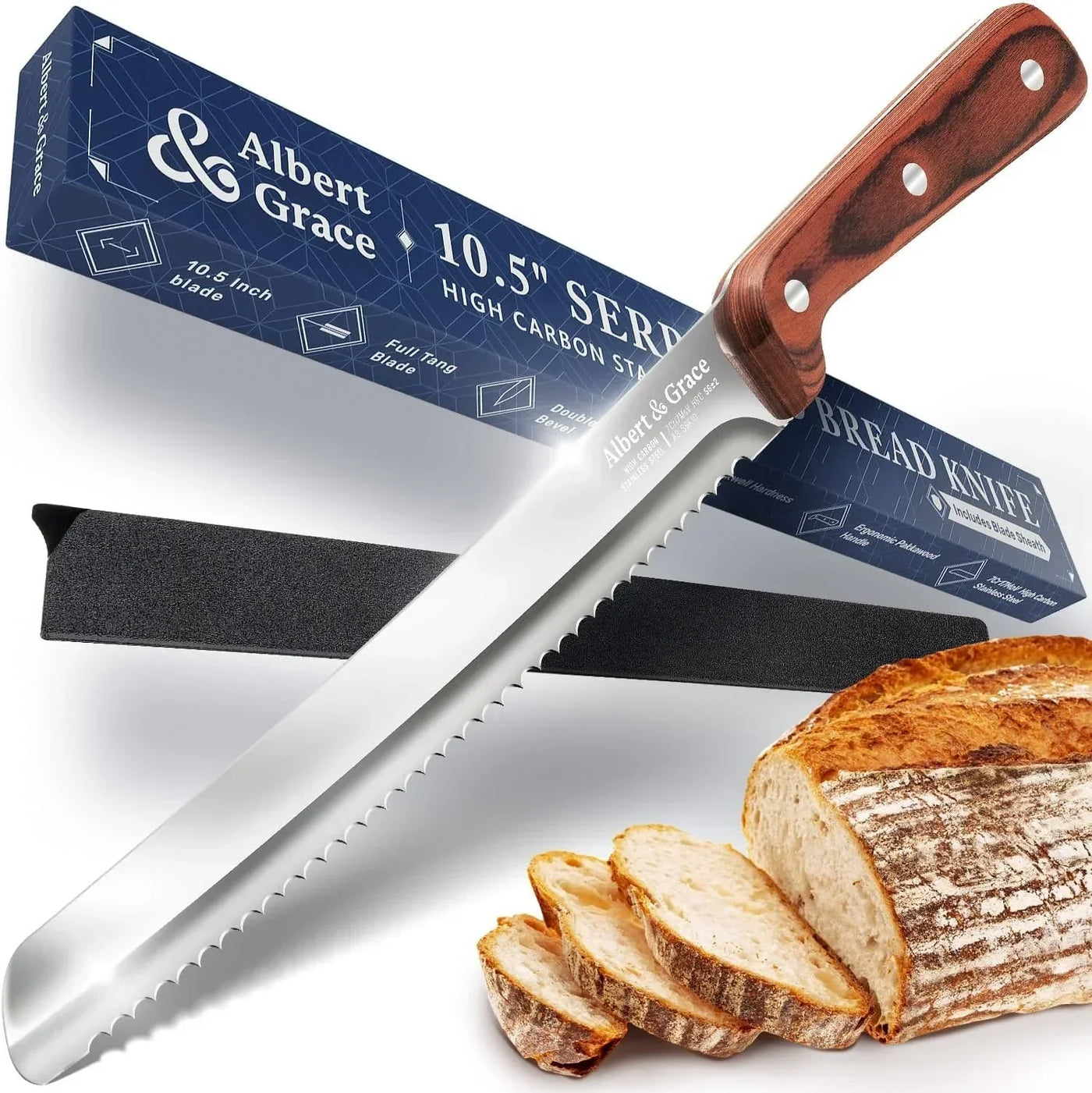 Albert & Grace 10.5-inch serrated bread knife with wooden handle, slicing fresh bread