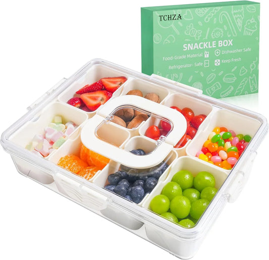 Snackle Box Container, Dishwasher Safety - Divided Serving Tray with Lid and Handle, Charcuterie Board for Portable Snack Platters - Clear Organizer for Fruits Snacks,Perfect for Road Travel