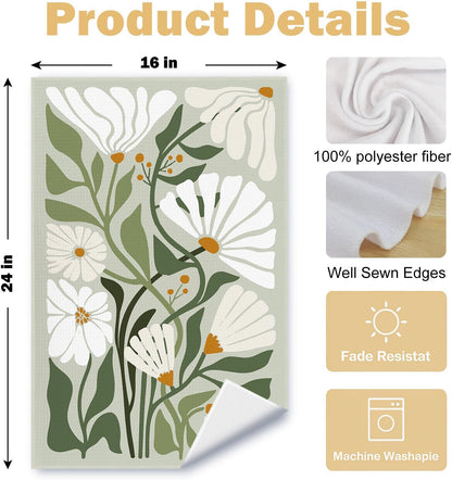 Abstract Boho Sage Green Floral Kitchen Towels Set of 2, 70S Retro Groovy Boho Botanical Dish Tea Towels for Kitchen Decor, Mid Century Modern Hand Towels for Bathroom Decor, 16X24 Inch