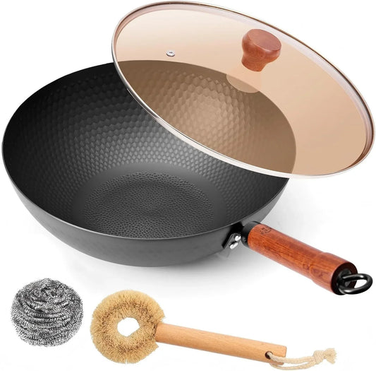 12.6-Inch Carbon Steel Wok with Lid, Flat Bottom Nonstick Chinese Wok Pan with Detachable Wooden Handle for Induction, Gas & Electric, 5 QT Stir Fry Pan