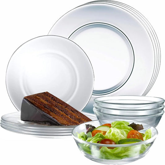 12Pc Glass Dinnerware Set - Sleek round Clear Glass Plate and Bowl Sets - Dishwasher Safe, Bread & Butter Dinner, Dessert, Salad Plates & Serving Cereal Soup Bowls Dishes for Kitchen Dining & Parties