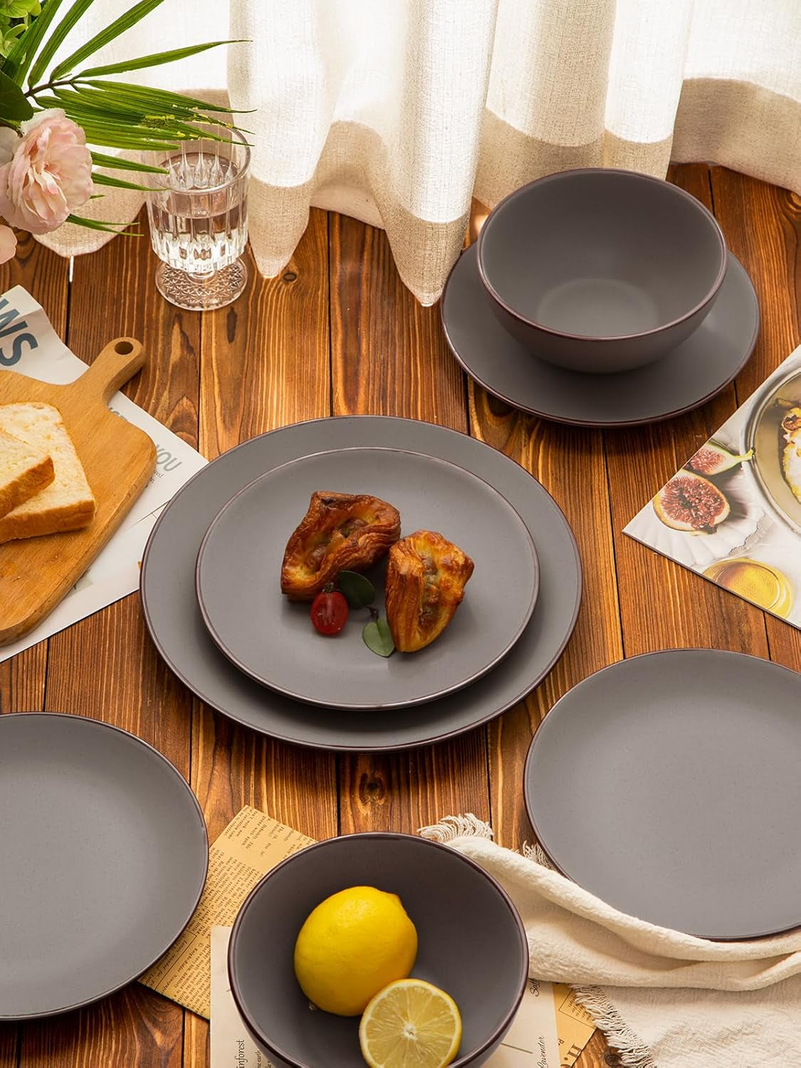 Venus Plates and Bowls Sets, 12 Pieces Stoneware Speckled Dishes Dinnerware Set for 4, Matte Dark Gray - Microwave & Dishwasher Safe, Modern Minimalist, for Everyday Meals & Formal Dining